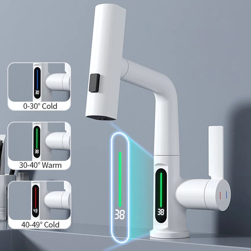 

Waterfall Pulling Lifting Digital Display Faucet Smart Temp Washbasin Faucet Silver Hot Cold Water Sink Mixer Tap For Bathroom