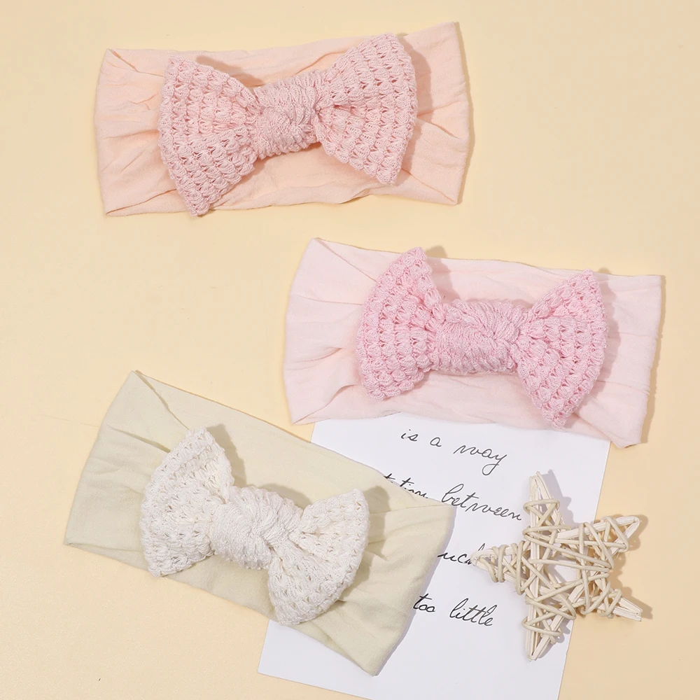 Baby Girl Solid Thread Woven Hollow Hand Bow Headband Elastic Rubber Bands for Girls Soft Nylon Hair Bands Baby Accessories