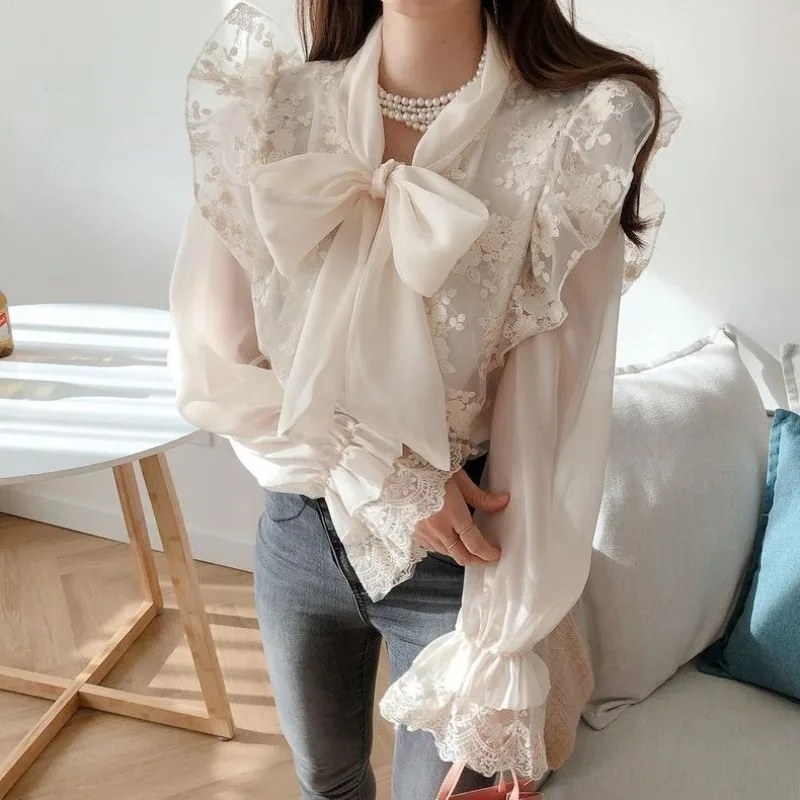 QWEEK Chiffon Lace Up Blouse Woman Summer Loose Long Sleeve Shirt Female Elegant Luxury Vintage Clothes Korean Style Aesthetic