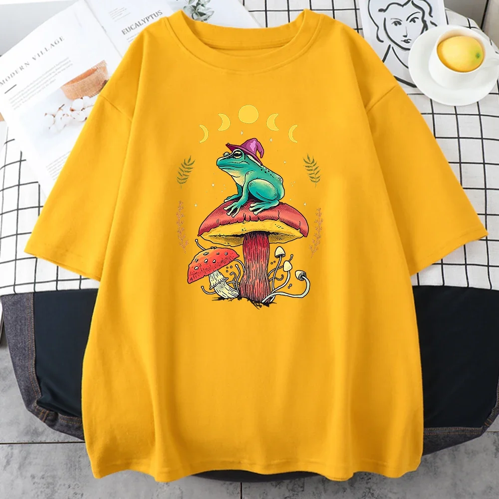 Cottagecore Aesthetic Goblincore Frog Wizard On Mushroom Mens Short Sleeve All-math Vintage Tops Personality Male Cotton T-Shirt