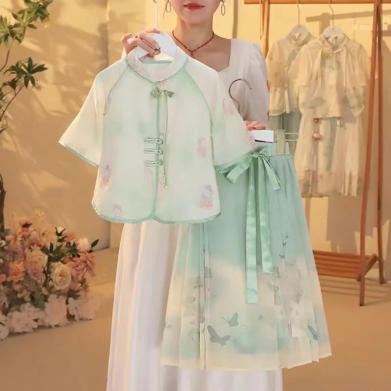 Conjunto hanfu de verão para meninas 2025 novo estilo tang chinês verão infantil estilo antigo top e saia conjunto de duas peças