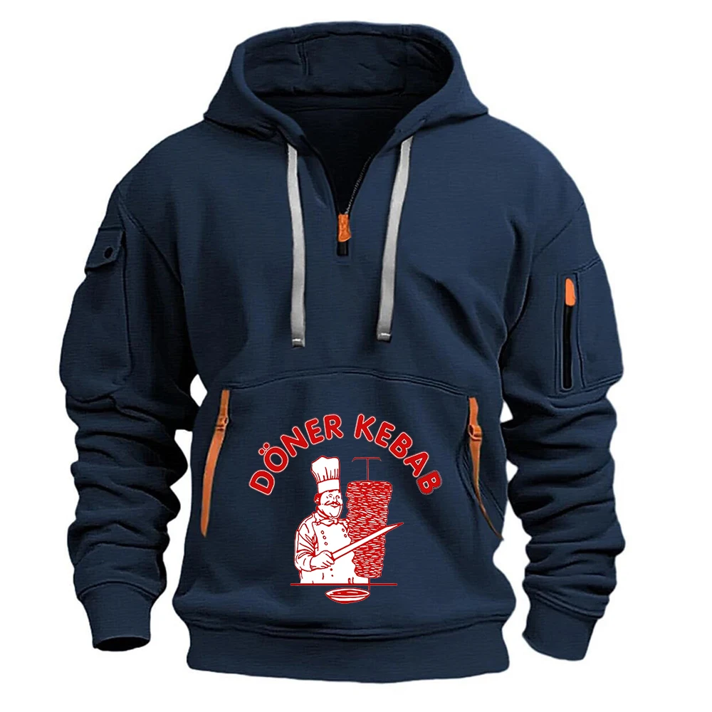 

Мужская толстовка с принтом «Донер Кебаб» 2026 года, новый стиль, на молнии до середины груди, для фитнеса, модная повседневная, с несколькими карманами, спортивная, с длинным рукавом