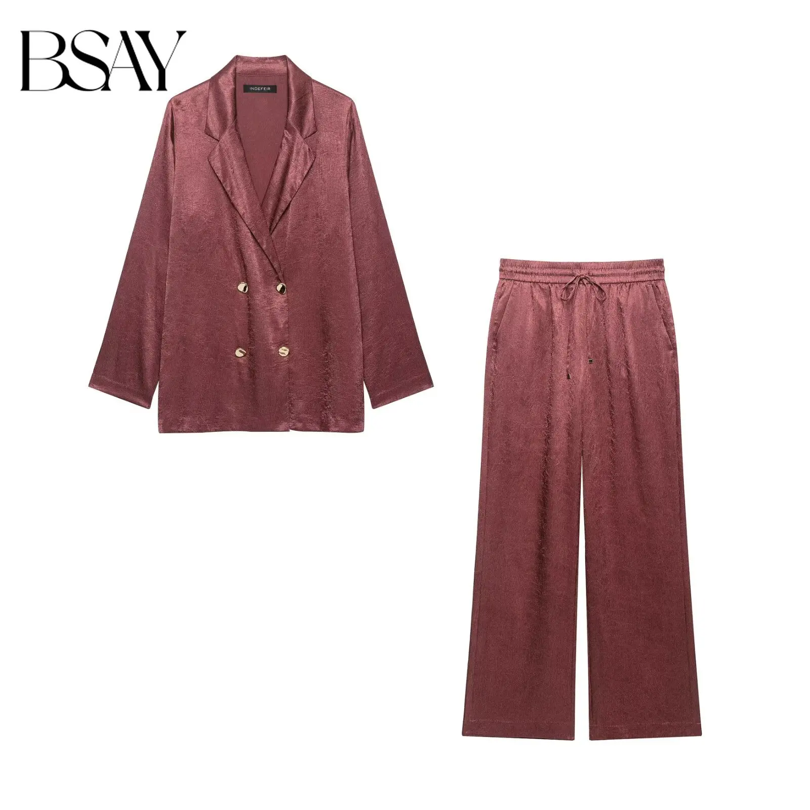 BSAY Autumn Women Draped Satin Lapel Double Breasted Blazer Long Sleeve Drawstring Elastic Waist Wide Leg Pants Matching Outfit