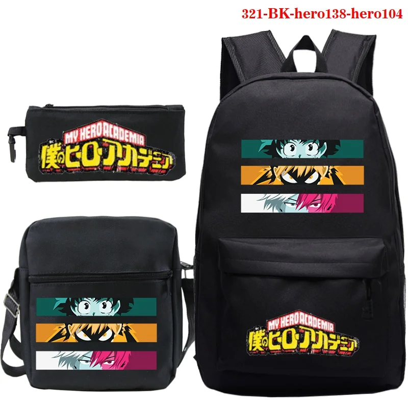 My Hero Academia Mochila para Estudantes, Messenger Bag, estojo para lápis, Material Escolar, Moda para Adolescentes, Bolsa de Ombro Casual, 3Pcs Set