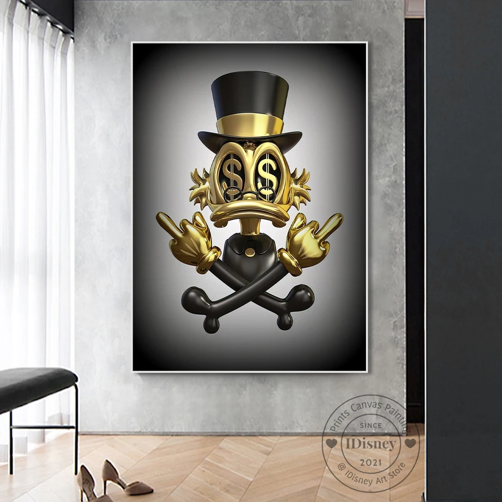 

Disney Donald Duck Dollar Canvas Poster Prints Wall Art Abstract Gold Grey Canvas Painting For Living Room Home Decoration Gift