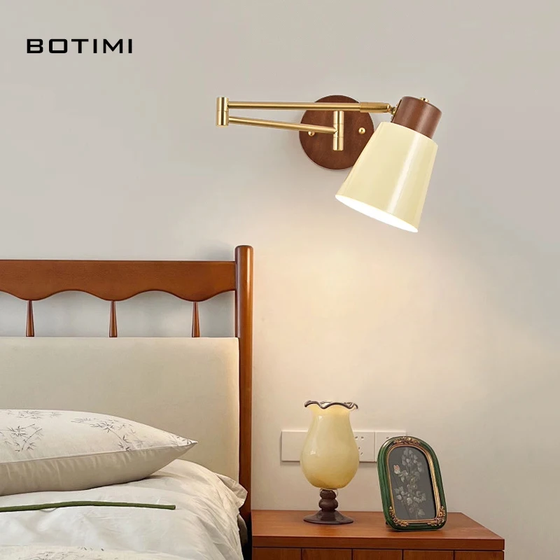 BOTIMI Modern Adjustable LED Wall Lamp For Bedroom Meta Arm Wooden Base Beside Wall Sconce Home Reading Room Lighting Fitting