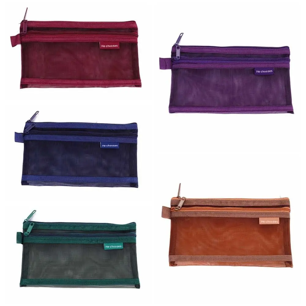 Hollow Clear Mesh Makeup Bag Solid Color Double Layer Transparent Pencile Bag Data Cable Storage Bag Korean Style