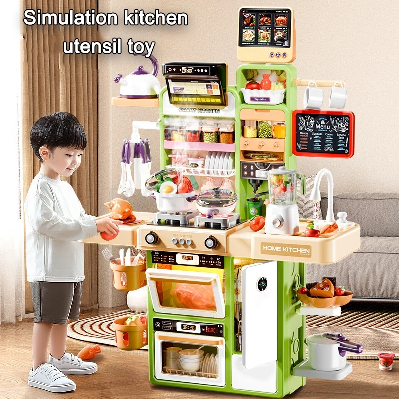 96cm Children's Simulated Spray Kitchen Tableware Set Preschool Kids Games Cookin Toys Sound Light Smoke Water Dining Table Toy