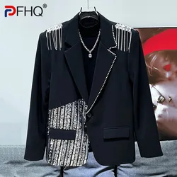 PFHQ New Autumn Winter Fashion Trend Versatile Sequin Chain Decoration Design Casual Suit 2024 Long Sleeve Male Tops 21Z6289