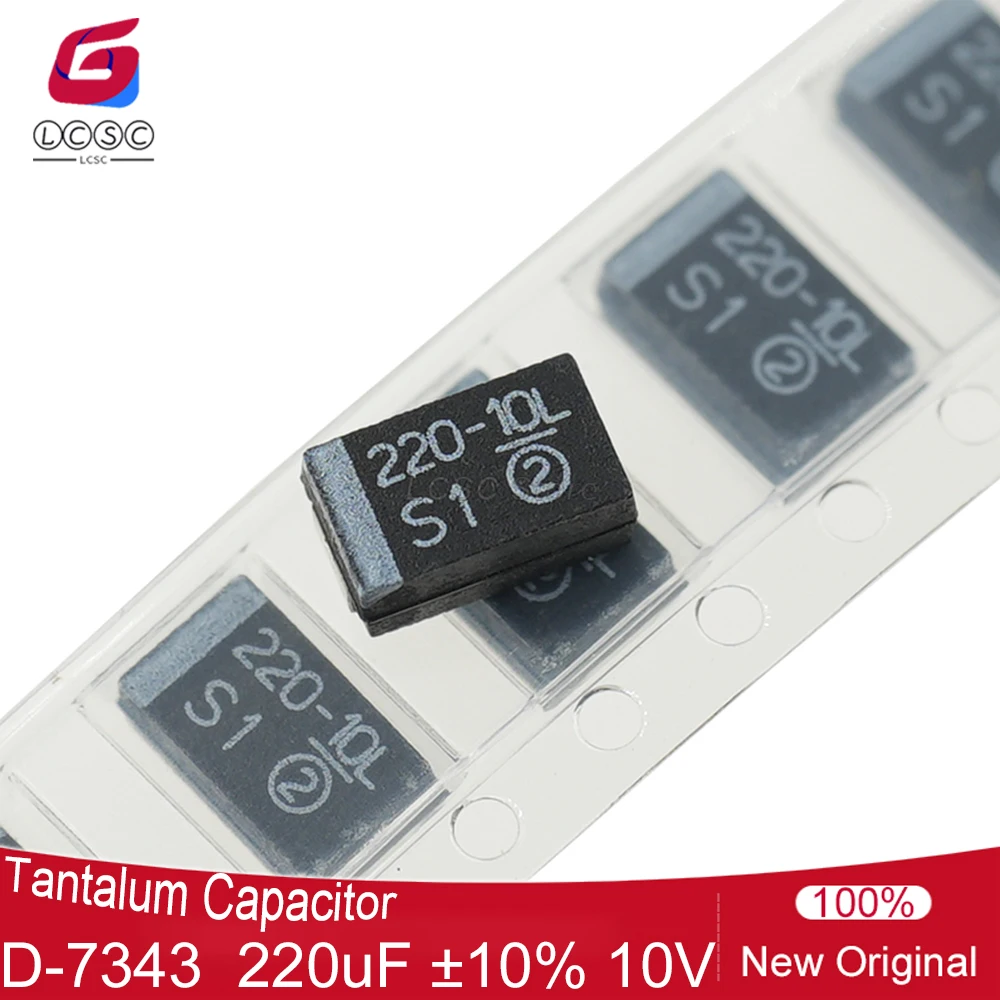 

100Pcs/Lot 220-10L Tantalum Capacitors 220uF ±10% 10V Solid Tantalum Black Capacitor SMD CASE-D-7343 Size 293D227X9010D2TE3