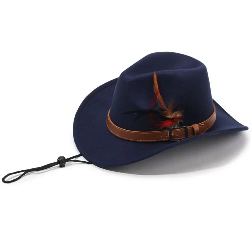 Fashion with Belt Buckle Felt Fedora Hats Wide Brim Feather Show Jazz Hat Wool Felt Cowboy Hat Men Women