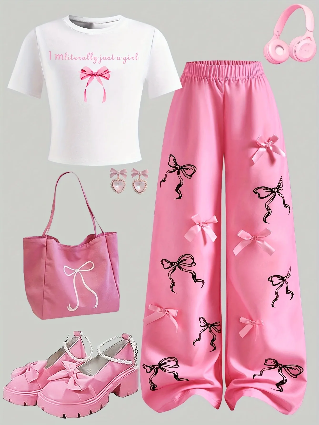 Girls Two Piece Fashion Co-ord, Letter Bow Print Short Sleeve Crop Top + Bow Printed Wide Leg Pants for Outdoor Holiday Wear