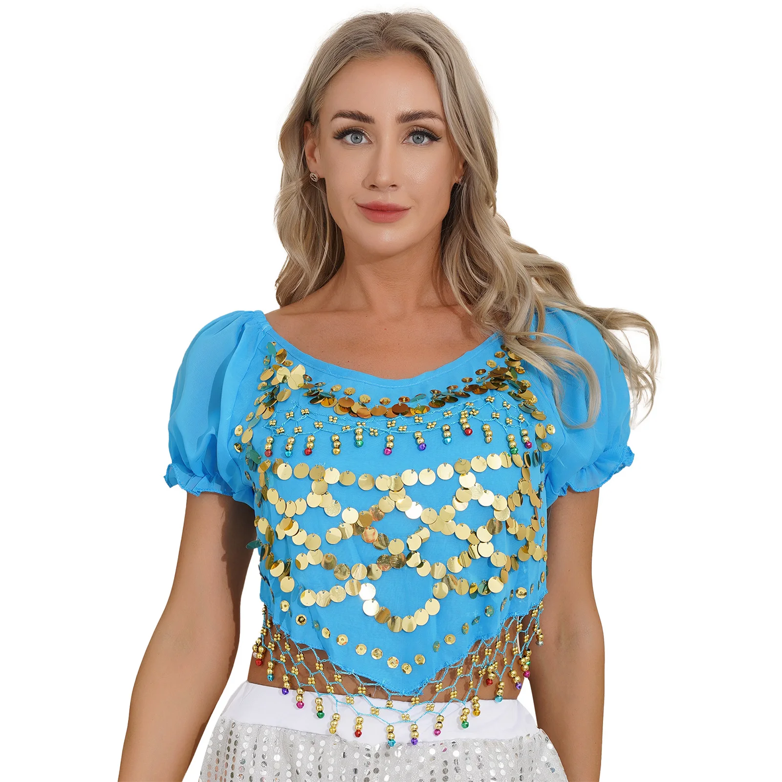 Womens Belly Dance Sequined Beaded Tops Short Puff Sleeve Irregular Hem Crop Top for Stage Performance Halloween Theme Party