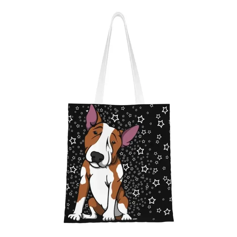 Starry English Bull Terrier Grocery Shopping Bags Canvas Shopper Tote Shoulder Bags Big Capacity Durable Dog Animal Handbag