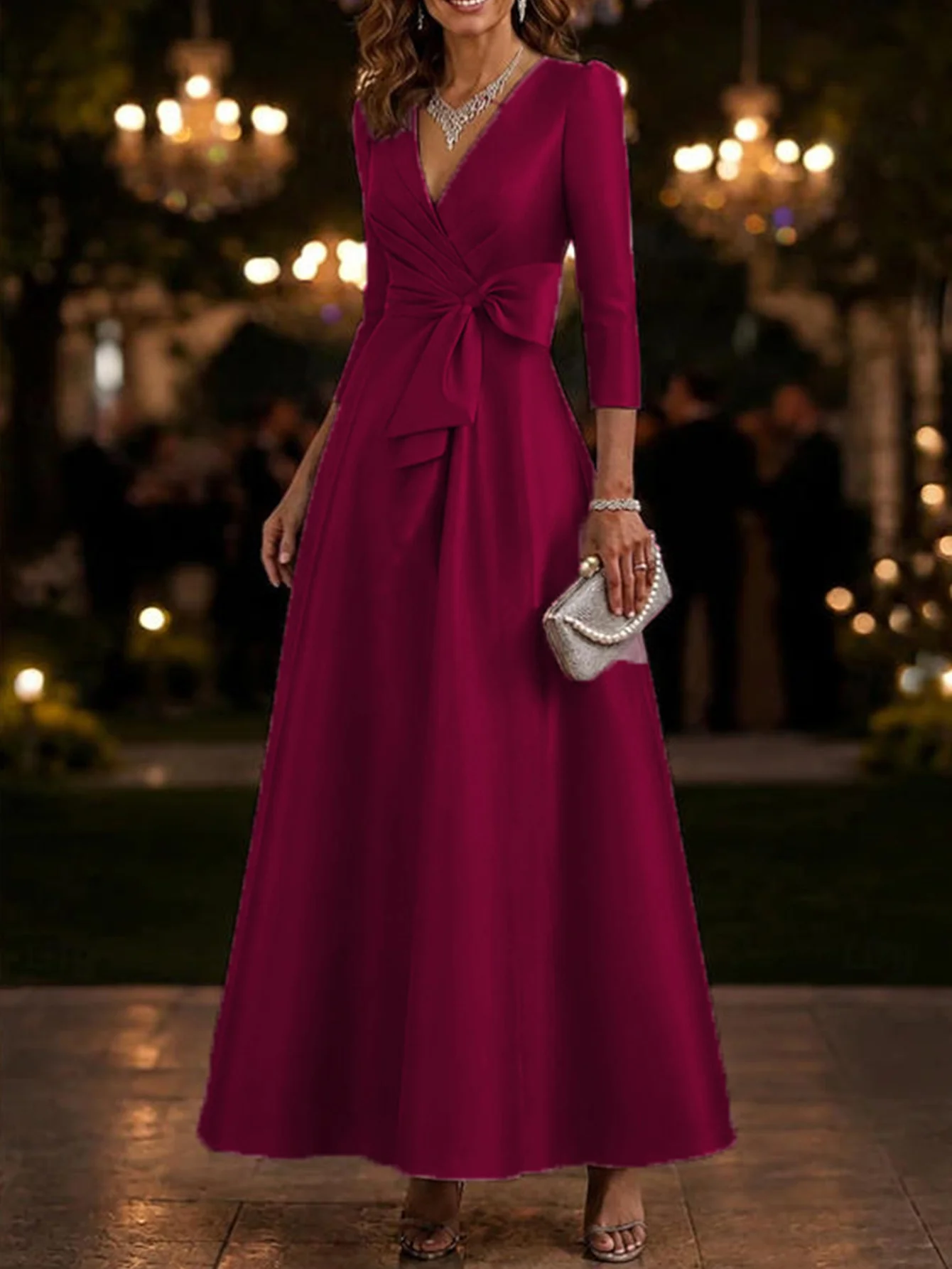 Elegant V-Neck 3/4 Sleeve Satin A-Line Evening Dress, Waist Cinched Formal Banquet Wedding Guest Gown