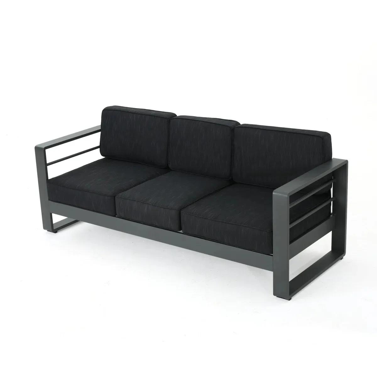 

#Modern Outdoor Sofa Set Silver Aluminum Frame Black Cushions Striped Pillows Weather Resistant Patio Furniture for Backyard