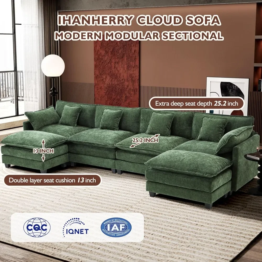 

146 Inch U Shape Modern Sofa Sectional Cloud Sofa with 2 Ottomans 6 Seater Chenille Deep Seat Sofa