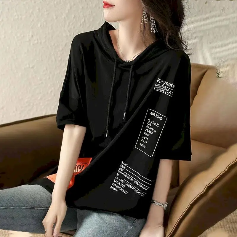 100% Cotton T Shirt Women Fashion Letter Print Pocket Patch T-shirt Korean Loose Hooded Short Sleeve Top Summer Oversized Tshirt