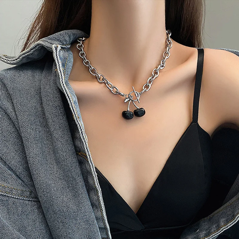 Trendy Black Cherry Clavicle Chain Necklace for Women Charms Silver Color Hollow Geometric Necklace Party Jewelry Accessories