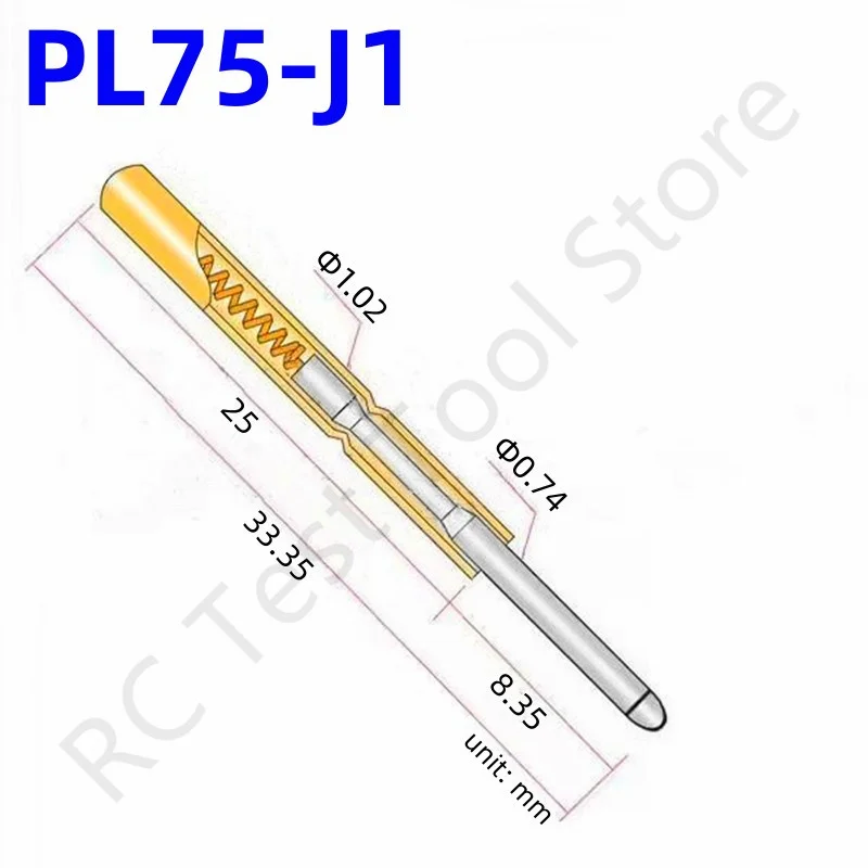 

100PCS PL75-J1 Small Round Head Spring Test Probe Pogo Pin PL75-J Outer Dia 1.02mm Needle Length 33.35mm Circuit Board Test Pin