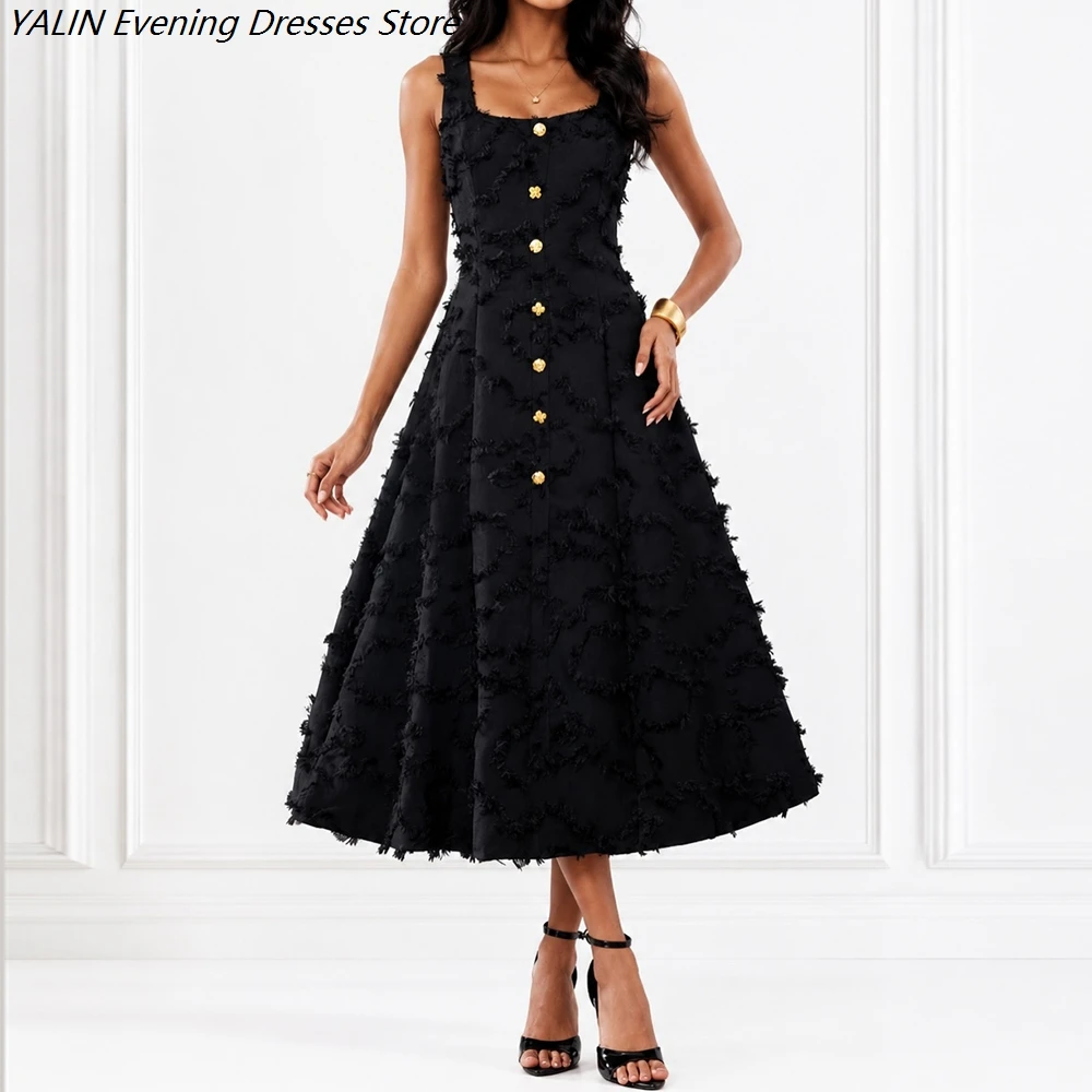 

Women's A-line Evening Dresses Tea-length Square Collar Sleeveless Prom Dresses Fashion Flowers Button Draped Customized Gowns