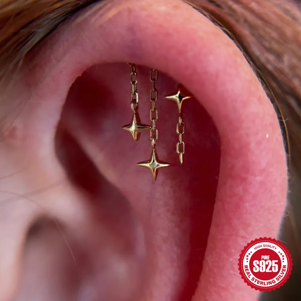 

BOAKO 925 Sterling Silver Mountain Ocean Piercing Stud Earrings Tassel Chain Charms Trendy Dainty Couple Matching Earrings