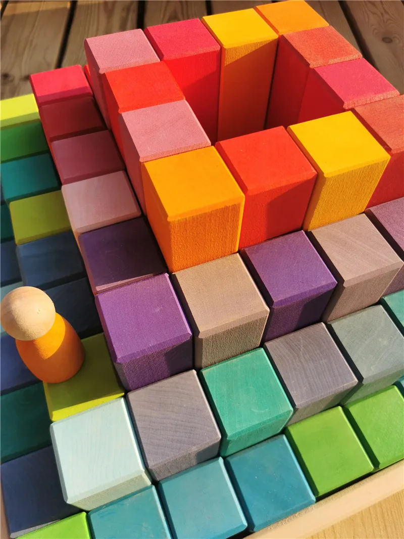 100pcs Large Wooden Building Toys Basswood Rainbow Pyramid Stacking Blocks for Kids Creative Play