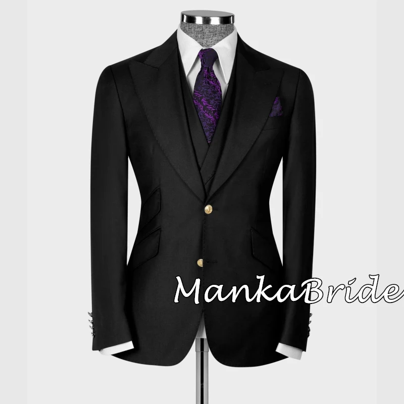 Classic Gold Button Black Men's Suit  for Wedding Groom Full 3pcs Blazer Vest Pants Formal Business Wear Male Suits