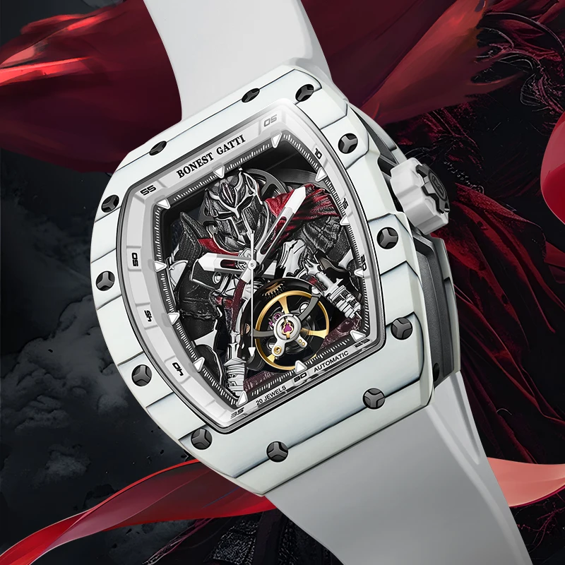 BONEST GATTI Automatyczny Zegarek Mechaniczny z Włókna Węglowego dla Mężczyzn Wodoodporny Szkielet Męskie Zegarki Top Marka Luksusowe Zegarki na Rękę 2025