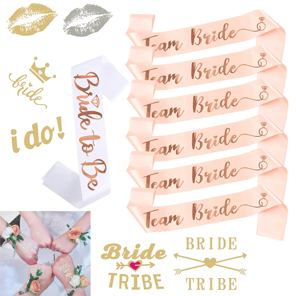 1Set Bride To Be And Team Bride Satin Sash Wedding Decorations Engagement Bridal Shower Tattoo Stickers Bachelorette Party Decor