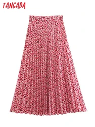 Tangada Women 2023 Pink Print Pleated Chiffon Skirt Vintage Zipper High Waist Office Lady Midi Skirts 6X154