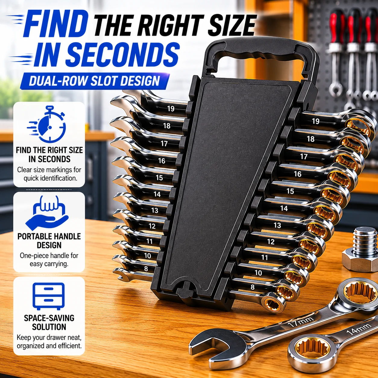 Dual-Row Wrench Organizer | Save 50% Drawer Space & Find Tools in Seconds