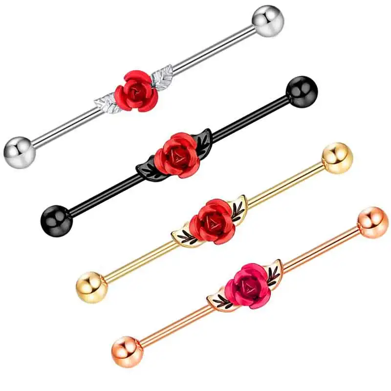 

14 Gauge industrial Piercings Rose Flower Stainless Steel Industrial Barbell Ring Ear Straight Barbell Stud Cartilage Earring He