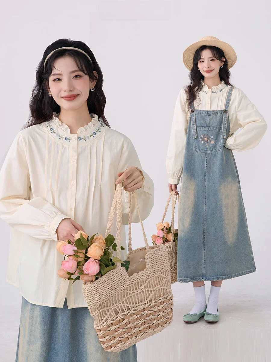 

Heme Spring n Light Dr Retro Artistic Embroidery round Ne Long Sve irt Princ Sle Loose Fit Women's irt