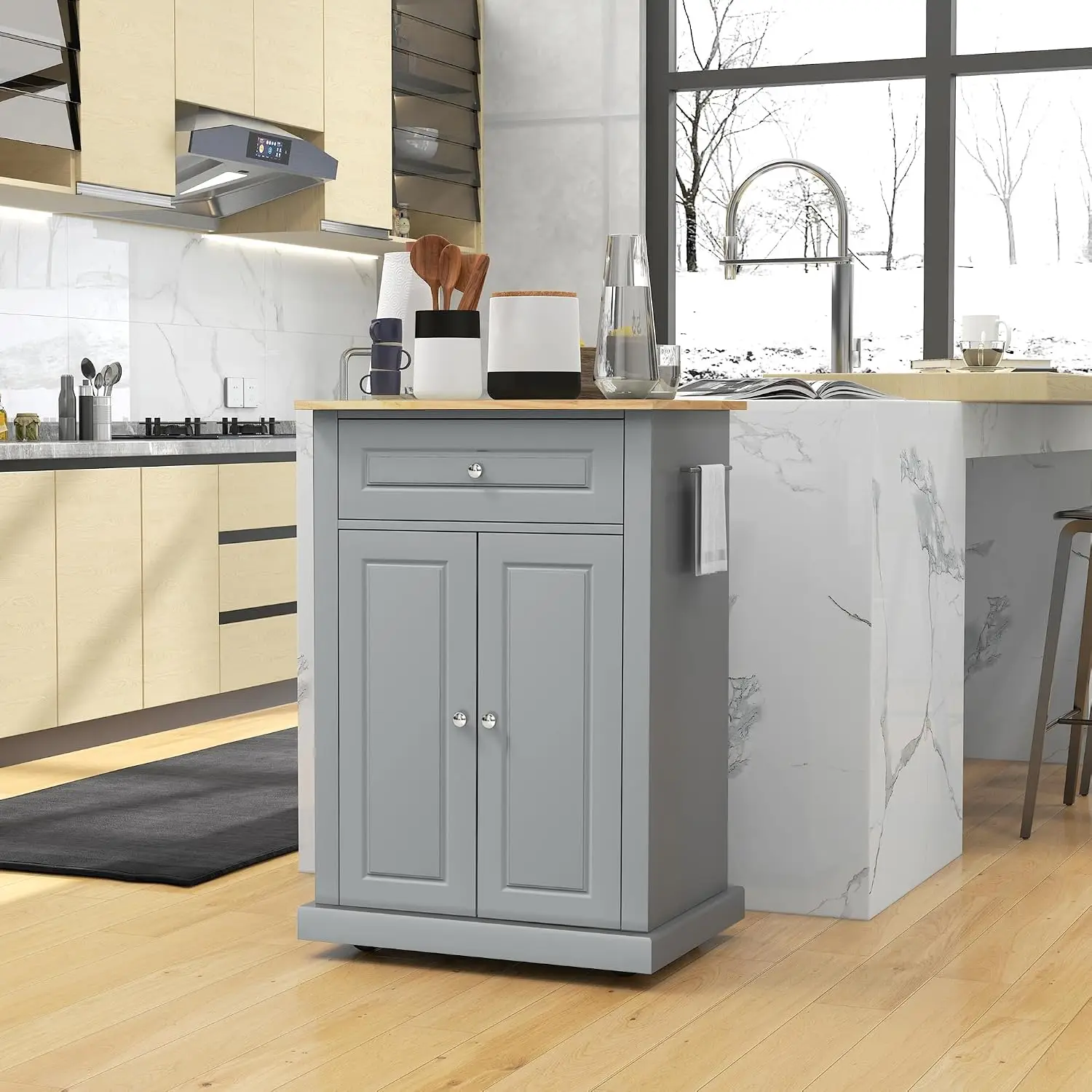 Grey Rolling Kitchen Island Cart with Drawer and Adjustable Storage Shelf, Mobile Kitchen Utility Trolley, Freestanding Multi‑Purpose Storage Cabinet for Kitchen Dining Space Organization