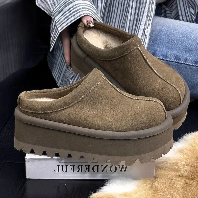 Winter Chunky Women Fur Mules Slippers Shoes Elegant Cover Toe Platform Flats Slides Home Female Warm Shoes