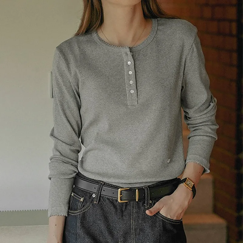 Elegant Cotton T Shirts Solid Long Sleeve Base Top Shirt Round Neck Single Breasted Gary Pullover Tops Women T-shirt Streetwear