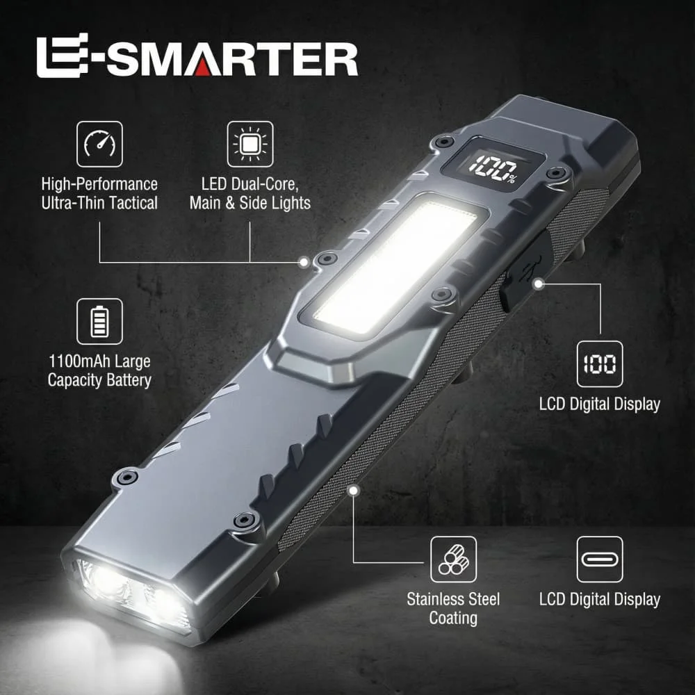 EDC Tactical Rechargeable Flashlight,Dual-Switches LED Flashlight with Digital Display,8 Modes , Camping,and Emergency Use