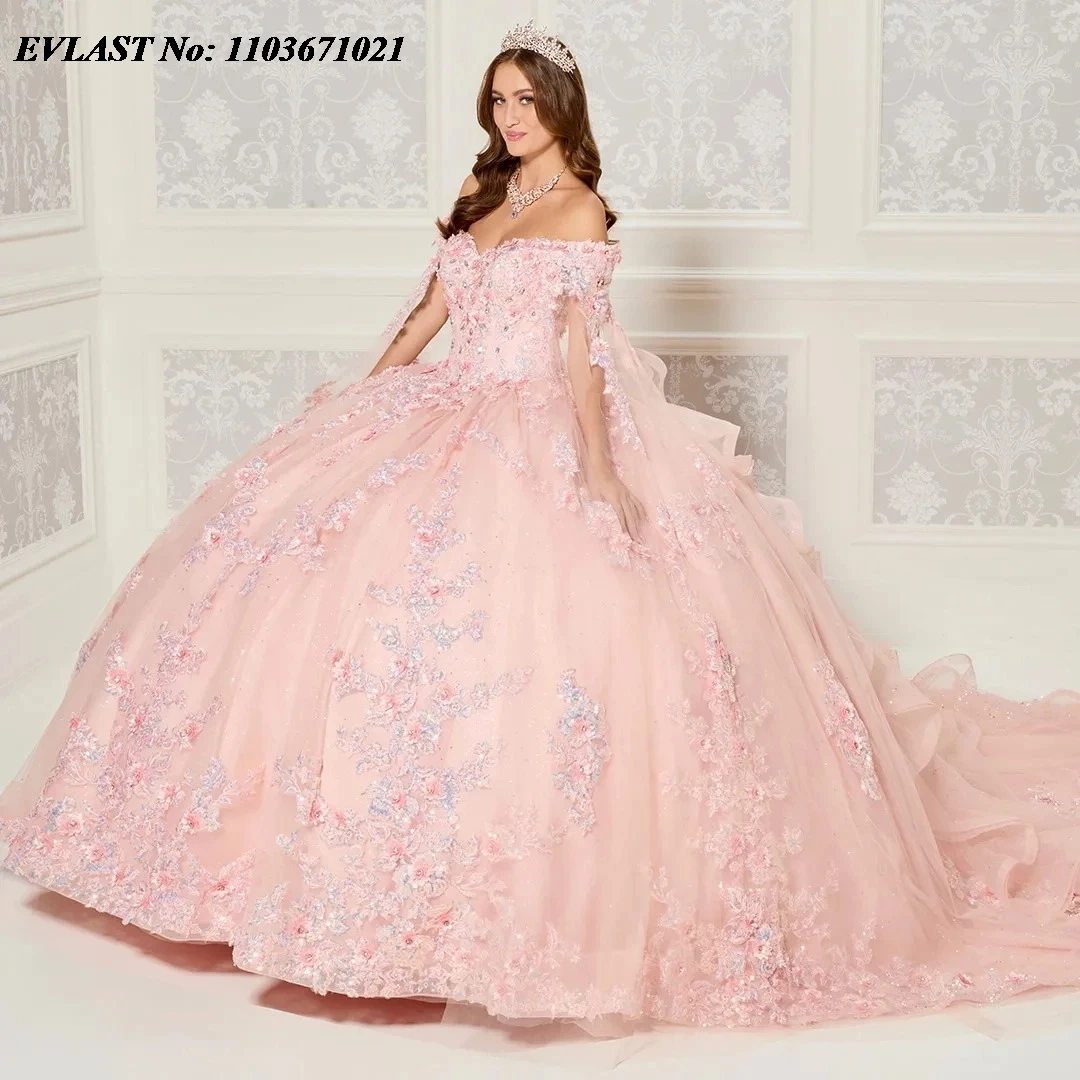 EVLAST-Robe de Princesse Quinceanera Lavande avec Cape, Appliques Florales 3D, Perles, Sweet 16, Robe de Bal Éducative, 15 Anos, SQP2