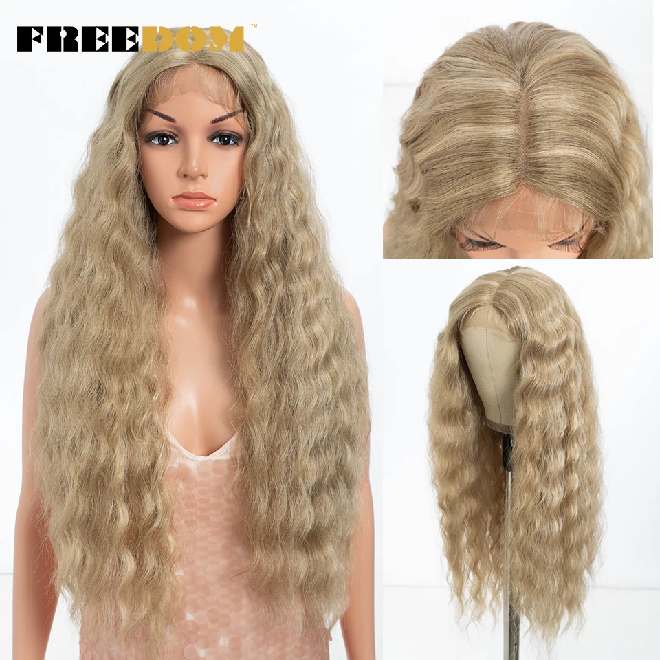 

FREEDOM Synthetic Lace Front Wigs For Women Long Deep Wavy Lace Wig 30 Inch Ombre Blonde Piano Colorful Cosplay Wigs