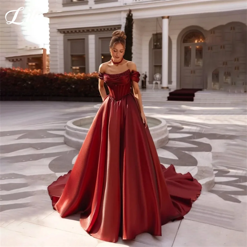 Lily Deep Red Evening Gown Off Shoulder Prom Dresses Beading On Chest A Line Wedding Evening Dresses robes de soirée Customized