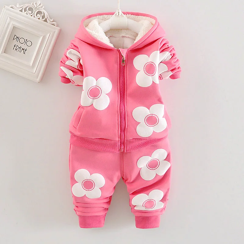 Kinder Mädchen Fleece-Gefütterter 3D-Gänseblümchen-Applikation Hoodie-Hosen-Anzug Kinder Warme Winterkleidung Set 80-120 – Detail 1