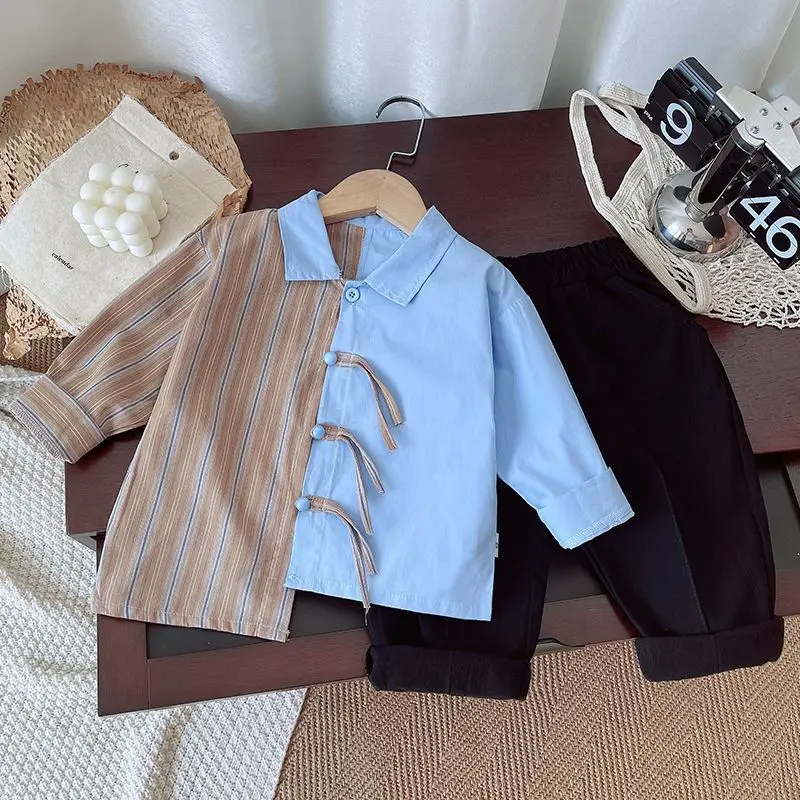 Boys Autumn Outfit Set 2025 New Children's Handsome Chinese Style Long Sleeved Shirt Pants Two-piece Set