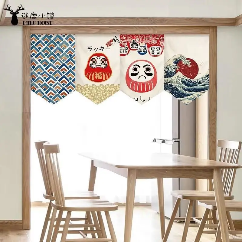 VIKAMA Japanese Daruma Banner 4 Pcs Great Wave Lucky Cat Bunting Flag for Restaurant Shop Kitchen Doorway Wall Decor Art