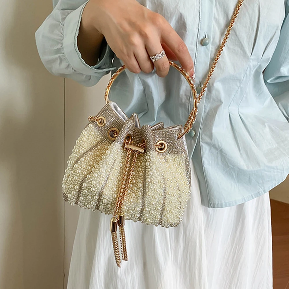 Luxury Full Pearls Bags for Women Handbags Diamonds Handle Evening Bag Drawstring Bucket Bag NEW Tassel Shoulder Crossbody Bags