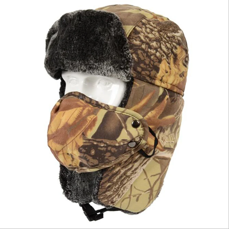 Chapéu de caça ao inverno masculino e feminino, camuflagem biônica, boné de caminhada, ao ar livre, térmico, quente, orelha Ushanka, chapéu militar