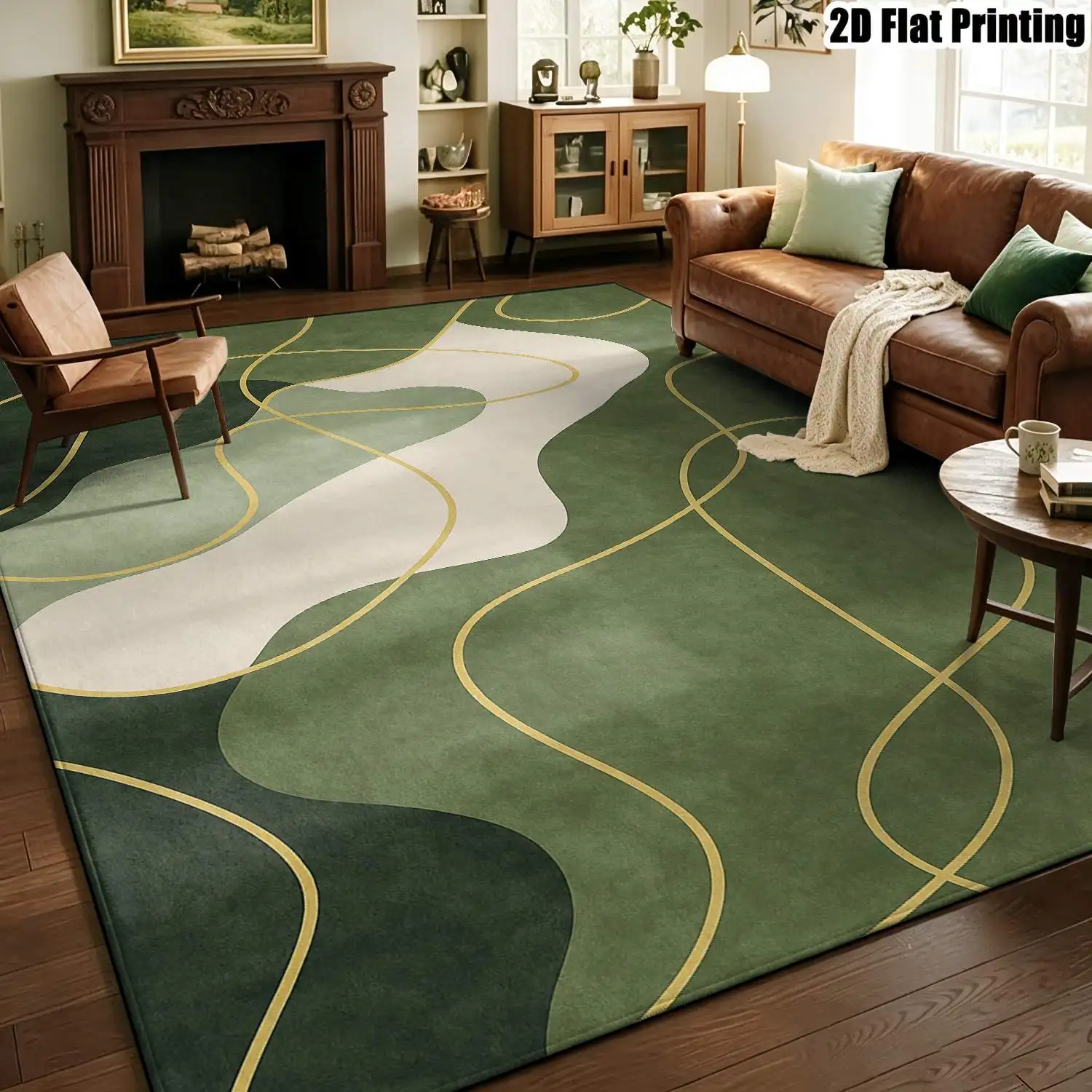 1Pc 2D Printed Carpet: Green-White Geometric Line Pattern, Nordic/Modern Minimalist/European/Vintage Style, Instagram-Inspired Floor Mat, Home Decor, Multi-Size, Machine Washable, Suitable for Entrance, Dining Room, Foyer, Bedroom, Living Room