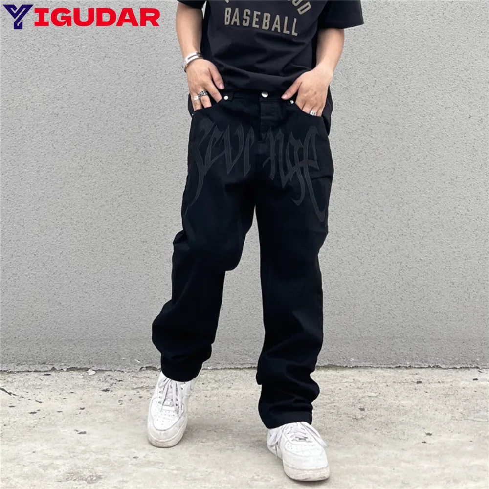 

Y2K Korean Men's Fashion Streetwear Embroidered Low Rise Casual Jeans men Trousers Straight Hip Hop Denim Pants Male Clothes