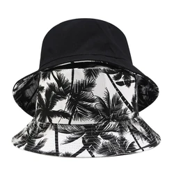 New Unisex Fashion Summer Reversible Black White Coconut Tree Printed Fisherman Caps Bucket Hats Gorro Pescador Men Women