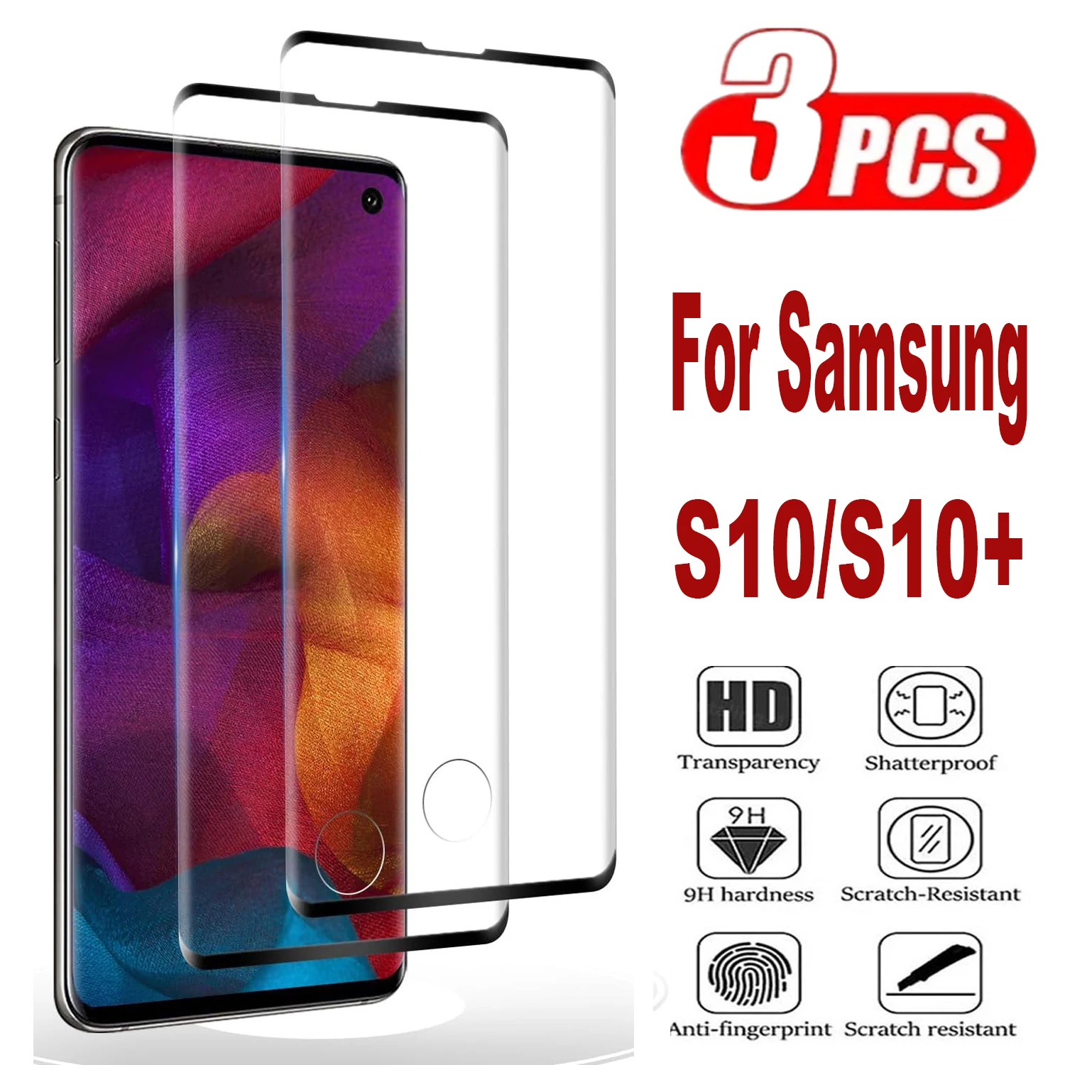 3Pcs Curved Ultrasonic Fingerprint Tempered For Samsung Galaxy S10 + Plus Screen Protector Glass